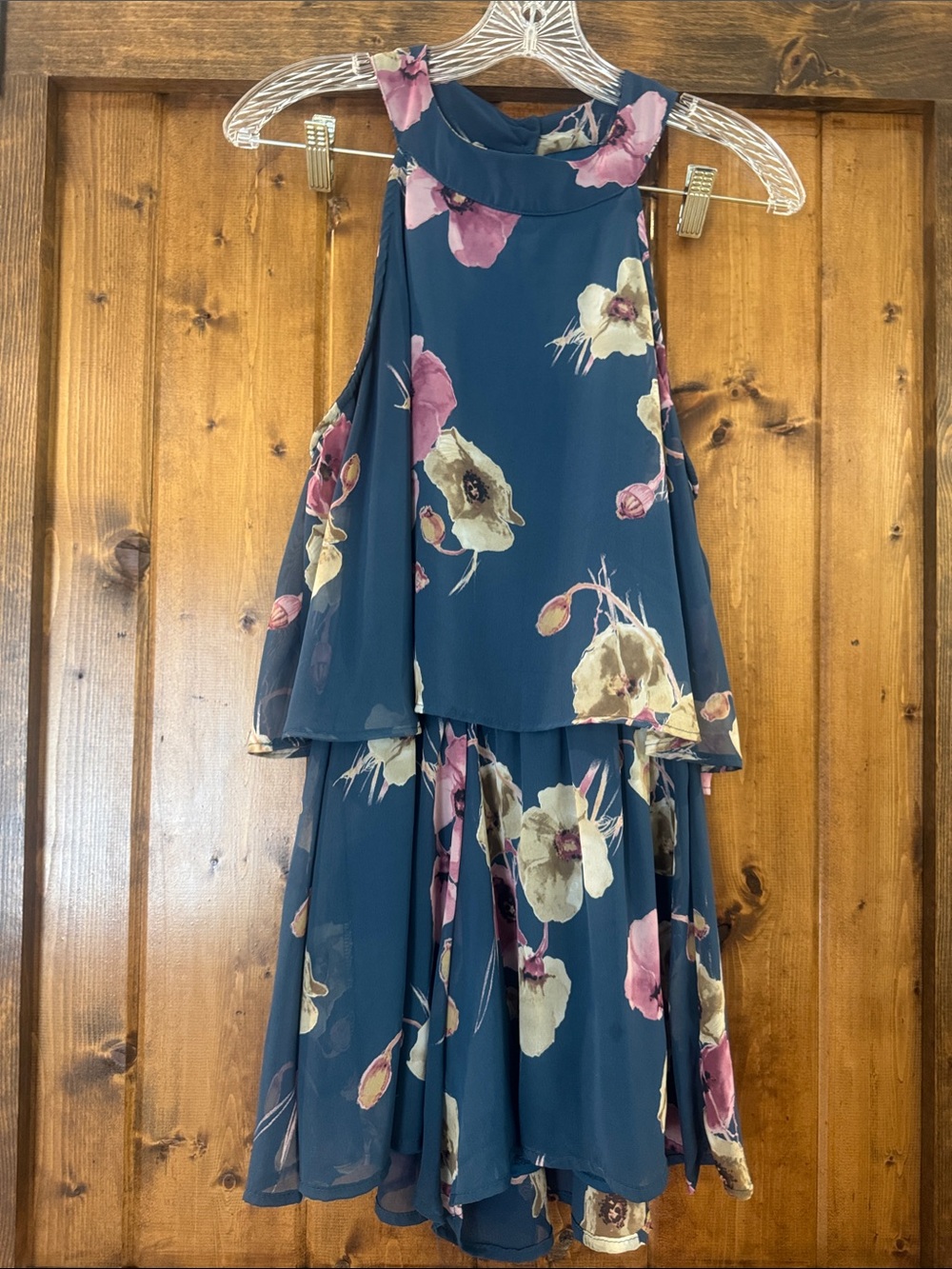 Floral Tiered Halter Romper in Teal with Pink Flowers